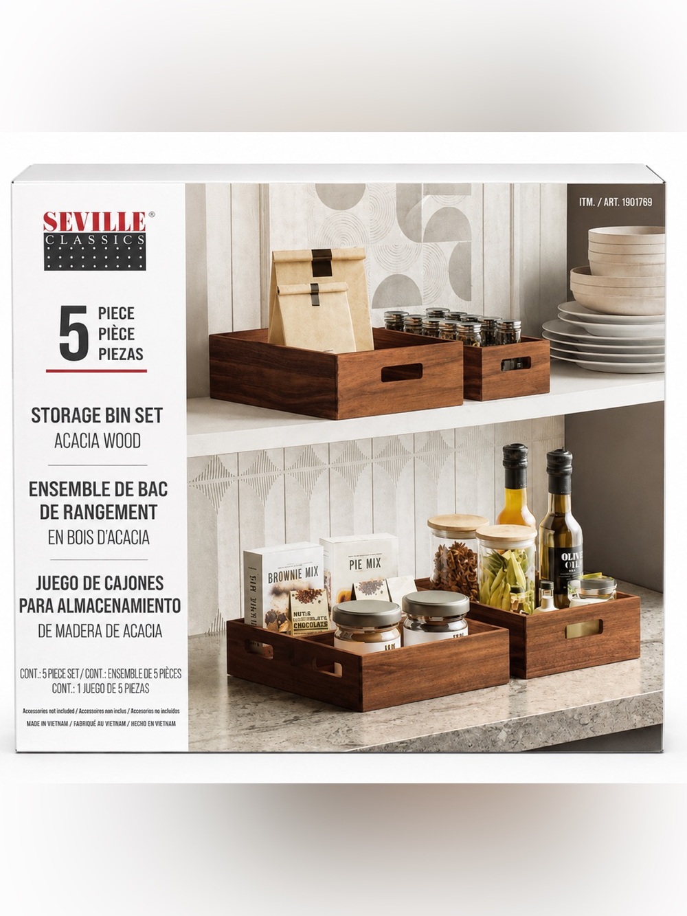 Seville Classics Acacia Wood Storage Bin Set 5 Piece